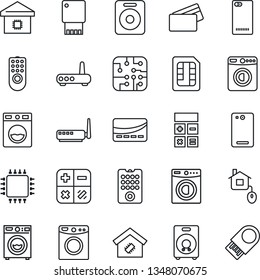 Thin Line Icon Set - washer vector, calculator, speaker, phone back, sim, smart home, credit card, control, chip, remote, router, usb flash
