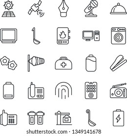 Thin Line Icon Set - washer vector, wind, gear, doctor case, office phone, microphone, radio, satellite, tv, low battery, fingerprint id, ink pen, stapler, sun panel, crane, dish, ladle, pc, filter