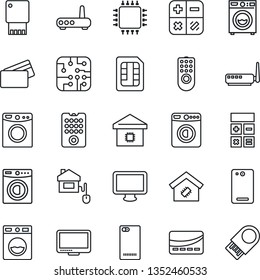 Thin Line Icon Set - washer vector, calculator, monitor, phone back, sim, smart home, credit card, control, chip, remote, router, usb flash