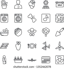 Thin Line Icon Set - washer vector, plane, flower in pot, trowel, real heart, broken bone, term, shield, user, music, meeting, paper tray, manager, sun panel, windmill, fruit tree, sale, cafe, salad