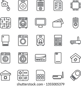 Thin Line Icon Set - washer vector, calculator, monitor, speaker, phone back, sim, smart home, credit card, control, chip, remote, router, usb flash