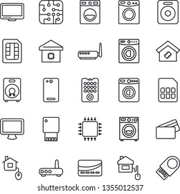 Thin Line Icon Set - washer vector, monitor, speaker, phone back, sim, smart home, credit card, control, chip, remote, router, usb flash