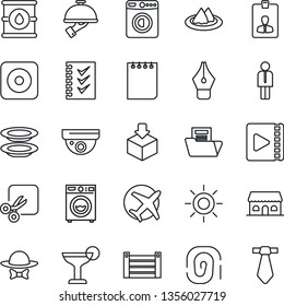 Thin Line Icon Set - washer vector, manager, identity card, notepad, sun, plane, container, package, oil barrel, rec button, cut, video, document folder, ink pen, checklist, serviette, cocktail, tie