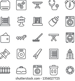 Thin Line Icon Set - washer vector, abacus, rake, saw, caterpillar, picnic table, stethoscope, signpost, speaker, rca, hdmi, alarm, cut, drawing pin, office building, fence, trash bin, wallet, case
