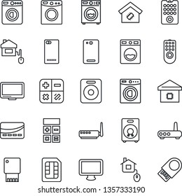 Thin Line Icon Set - washer vector, calculator, monitor, speaker, phone back, sim, smart home, credit card, control, remote, router, usb flash