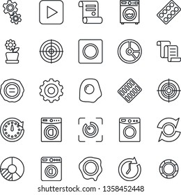 Thin Line Icon Set - washer vector, gear, contract, circle chart, stamp, pills blister, play button, record, eye id, update, target, flower in pot, omelette, clock, crisis management