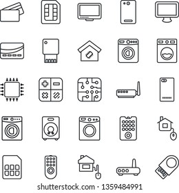 Thin Line Icon Set - washer vector, calculator, monitor, speaker, phone back, sim, smart home, credit card, control, chip, remote, router, usb flash