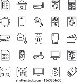 Thin Line Icon Set - washer vector, calculator, monitor, speaker, phone back, sim, smart home, credit card, control, chip, remote, router, usb flash
