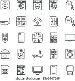 Thin Line Icon Set - washer vector, calculator, monitor, speaker, phone back, sim, smart home, control, chip, remote, router, usb flash
