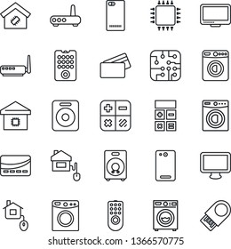 Thin Line Icon Set - washer vector, calculator, monitor, speaker, phone back, smart home, credit card, control, chip, remote, router, usb flash