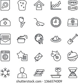 Thin Line Icon Set - washer vector, plane globe, document search, shovel, lawn mower, doctor case, diet, clock, warehouse storage, tulip, heavy scales, flame disk, favorites list, user, mail, bread