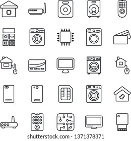 Thin Line Icon Set - washer vector, calculator, monitor, speaker, phone back, sim, smart home, credit card, control, chip, remote, router, usb flash