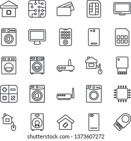 Thin Line Icon Set - washer vector, calculator, monitor, speaker, phone back, sim, smart home, credit card, control, chip, remote, router, usb flash