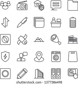 Thin Line Icon Set - washer vector, office building, binder, pen, manager place, pencil, pin, satellite, radio, speaker, group, battery, message, protect, record, folder, data exchange, compass, ham