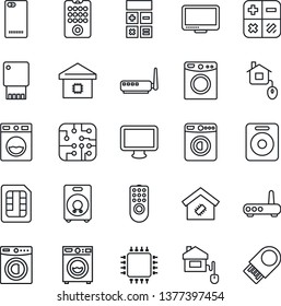 Thin Line Icon Set - washer vector, calculator, monitor, speaker, phone back, sim, smart home, control, chip, remote, router, usb flash