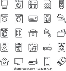 Thin Line Icon Set - washer vector, calculator, monitor, speaker, phone back, sim, smart home, credit card, control, chip, remote, router, usb flash