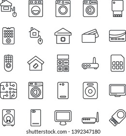Thin Line Icon Set - washer vector, calculator, monitor, speaker, phone back, sim, smart home, credit card, control, chip, remote, router, usb flash