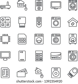 Thin Line Icon Set - washer vector, calculator, monitor, speaker, phone back, sim, smart home, credit card, control, chip, remote, router, usb flash
