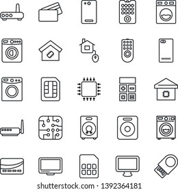 Thin Line Icon Set - washer vector, calculator, monitor, speaker, phone back, sim, smart home, credit card, control, chip, remote, router, usb flash
