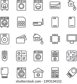 Thin Line Icon Set - washer vector, calculator, monitor, speaker, phone back, sim, smart home, credit card, control, chip, remote, router, usb flash