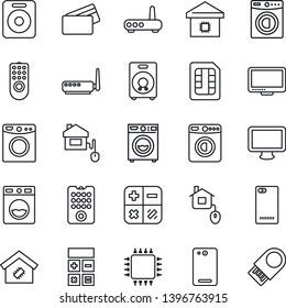 Thin Line Icon Set - washer vector, calculator, monitor, speaker, phone back, sim, smart home, credit card, control, chip, remote, router, usb flash