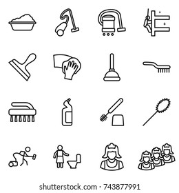 thin line icon set : washing, vacuum cleaner, skyscrapers cleaning, scraper, wiping, plunger, brush, toilet cleanser, duster, outsource