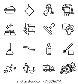 thin line icon set : washing, rag, vacuum cleaner, clean floor, skyscrapers cleaning, scraper, wiping, plunger, brush, toilet cleanser, home call, outsource