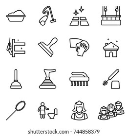 thin line icon set : washing, vacuum cleaner, clean floor, skysrcapers cleaning, skyscrapers, scraper, wiping, house, plunger, brush, toilet, duster, outsource