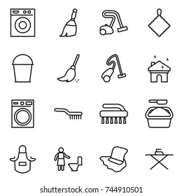 thin line icon set : washing machine, broom, vacuum cleaner, rag, bucket, house cleaning, brush, powder, apron, toilet, floor, iron board