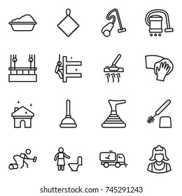 thin line icon set : washing, rag, vacuum cleaner, skysrcapers cleaning, skyscrapers, wiping, house, plunger, toilet brush, home call