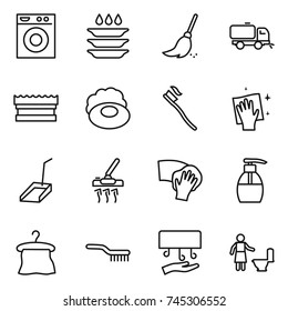 thin line icon set : washing machine, plate, broom, sweeper, sponge, soap, tooth brush, wiping, scoop, vacuum cleaner, liquid, hanger, hand dryer, toilet cleaning