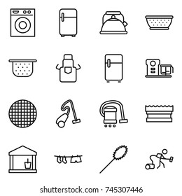 thin line icon set : washing machine, fridge, kettle, colander, apron, food processor, sieve, vacuum cleaner, sponge, utility room, drying clothe, duster