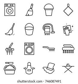 thin line icon set : washing machine, broom, bucket, rag, vacuum cleaner, wiping, brush, powder, apron, floor, iron board