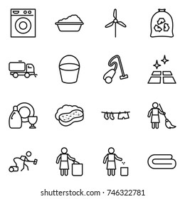 thin line icon set : washing machine, windmill, garbage bag, sweeper, bucket, vacuum cleaner, clean floor, dish cleanser, sponge with foam, drying clothe, brooming, bin, towel
