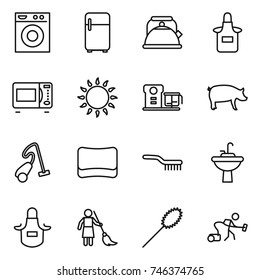 thin line icon set : washing machine, fridge, kettle, apron, microwave oven, gas, food processor, pig, vacuum cleaner, sponge, brush, water tap sink, brooming, duster