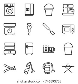 thin line icon set : washing machine, fridge, bucket, coffee maker, kitchen scales, handle, spatula, grill oven, double boiler, food processor, pruner, vacuum cleaner, iron board