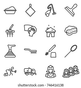 thin line icon set : washing, rag, vacuum cleaner, scraper, wiping, house cleaning, sponge with foam, plunger, brush, toilet, duster, home call, outsource