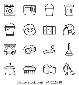 thin line icon set : washing machine, microwave oven, bucket, trash bin, foam, soap, clean window, dish cleanser, car wash, sponge with, hand and drop, plunger, hanger, brush, toilet paper, brooming