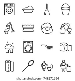 thin line icon set : washing machine, broom, bucket, vacuum cleaner, sponge, soap, dish cleanser, house cleaning, brush, toilet paper, towel, duster, garbage bin
