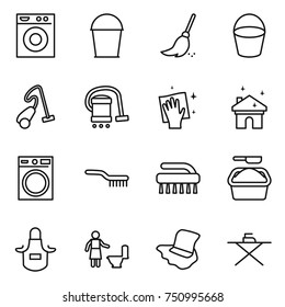 thin line icon set : washing machine, bucket, broom, vacuum cleaner, wiping, house cleaning, brush, powder, apron, toilet, floor, iron board