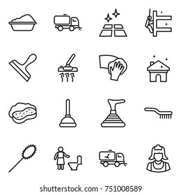 thin line icon set : washing, sweeper, clean floor, skyscrapers cleaning, scraper, vacuum cleaner, wiping, house, sponge with foam, plunger, brush, duster, toilet, home call