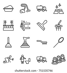 thin line icon set : washing, vacuum cleaner, sweeper, clean floor, skysrcapers cleaning, skyscrapers, scraper, plunger, brush, duster, toilet, home call, outsource
