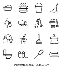 thin line icon set : washing, plate, bucket, broom, trash, sweeper, vacuum cleaner, dish cleanser, plunger, hanger, toilet, paper, duster, towel