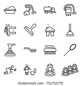 thin line icon set : washing, vacuum cleaner, sweeper, skyscrapers cleaning, scraper, house, plunger, brush, duster, toilet, outsource