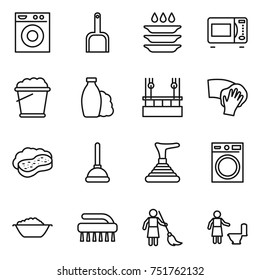 thin line icon set : washing machine, scoop, plate, microwave oven, foam bucket, shampoo, skysrcapers cleaning, wiping, sponge with, plunger, basin, brush, brooming, toilet