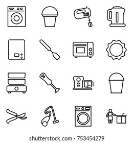 thin line icon set : washing machine, bucket, mixer, kettle, kitchen scales, spatula, grill oven, induction, double boiler, blender, food processor, pruner, vacuum cleaner, cleaning