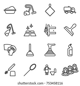 thin line icon set : washing, vacuum cleaner, rag, sweeper, clean floor, skyscrapers cleaning, scraper, wiping, plunger, toilet cleanser, brush, duster, outsource