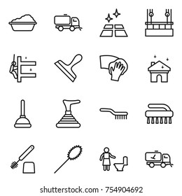 thin line icon set : washing, sweeper, clean floor, skysrcapers cleaning, skyscrapers, scraper, wiping, house, plunger, brush, toilet, duster, home call