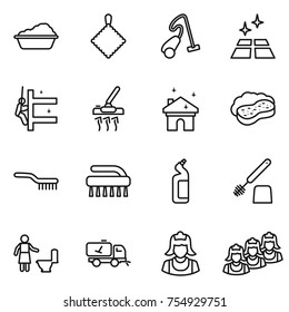 thin line icon set : washing, rag, vacuum cleaner, clean floor, skyscrapers cleaning, house, sponge with foam, brush, toilet cleanser, home call, outsource
