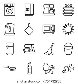 thin line icon set : washing machine, fridge, coffee maker, plate, kettle, rag, microwave oven, gas, broom, bucket, brush, toilet cleanser, garden cleaning, vacuum cleaner